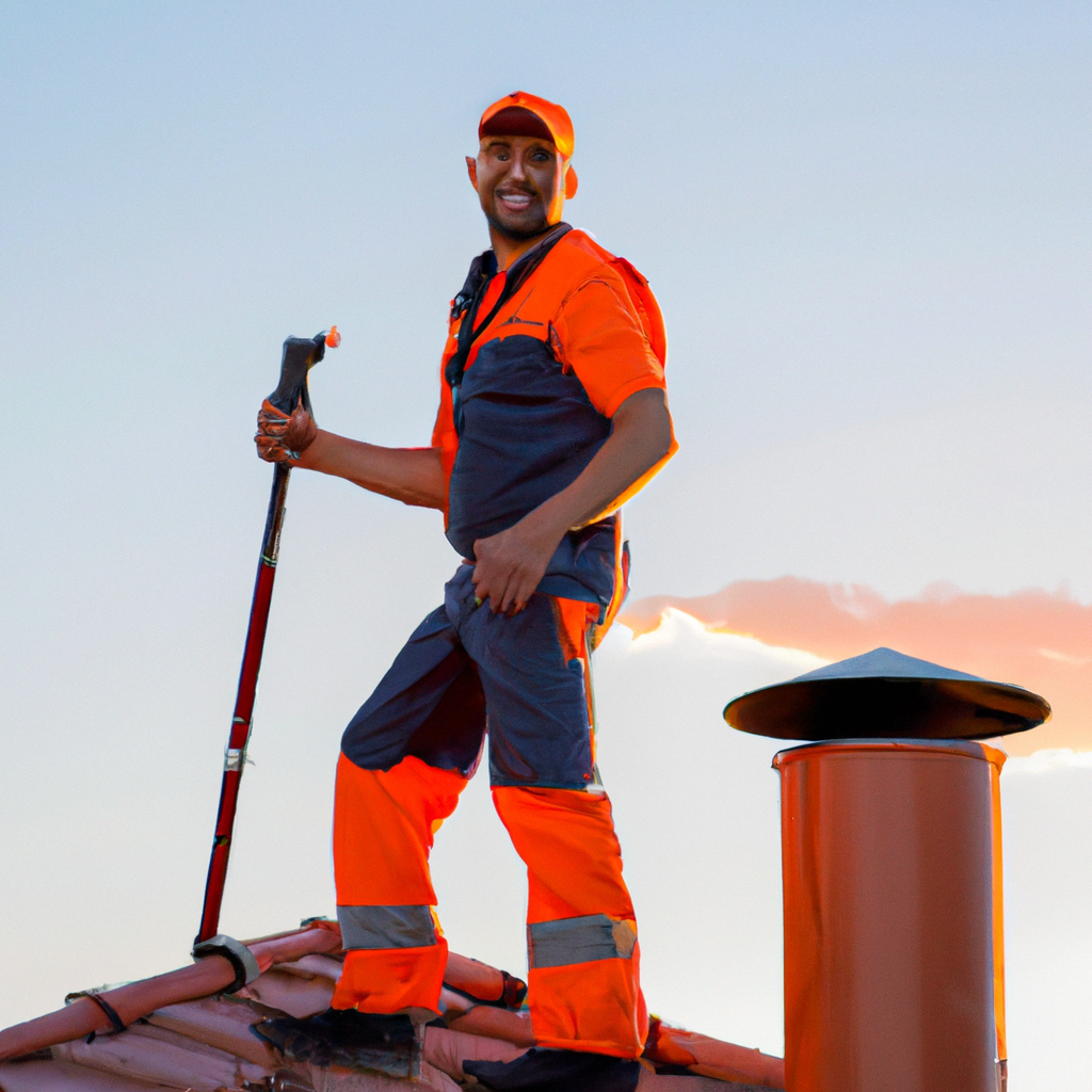 Chimney technician on a rooftop calling a client, with safety harness and brush in hand.