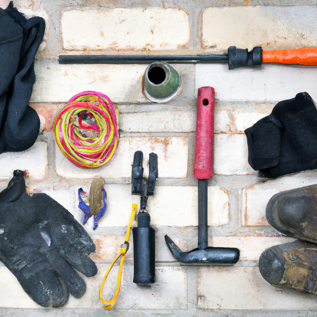 Illustration of professional chimney sweep tools neatly arranged with safety gear high detail