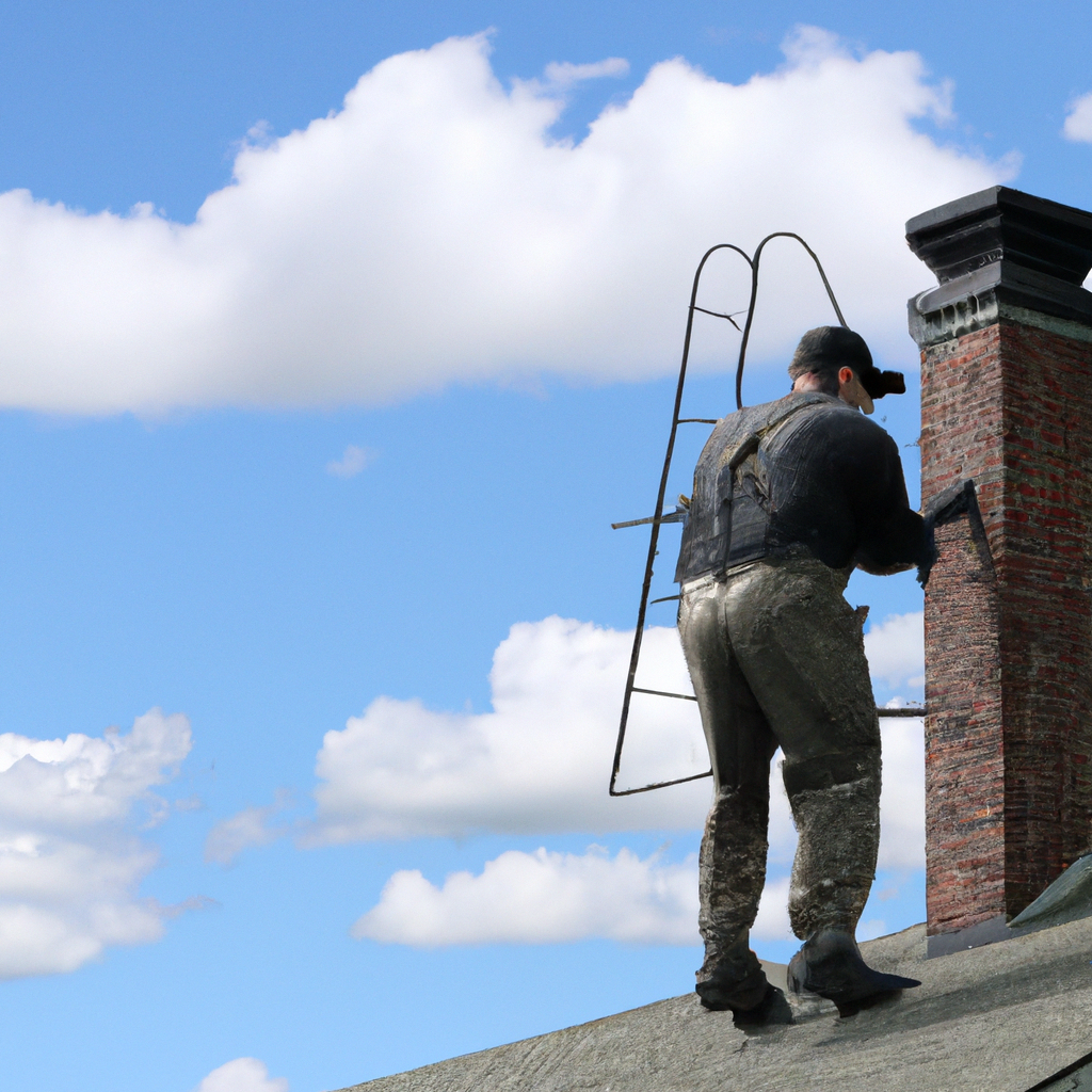 Professional chimney sweep on rooftop with tools under blue Canadian sky — ultra detailed